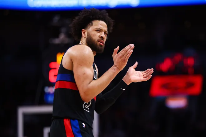 Cade Cunningham of the Pistons reacts against the Raptors during the second half of Wednesday's game at Scotiabank Arena in Toronto.