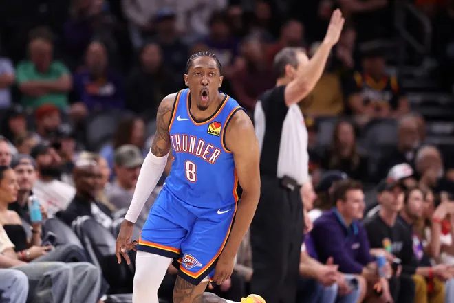 PHOENIX, ARIZONA - FEBRUARY 11: Jalen Williams #8 of the Oklahoma City Thunder reacts after making a three-point shot against the Phoenix Suns during the second half at Mortgage Matchup Center on February 11, 2026 in Phoenix, Arizona. NOTE TO USER: User expressly acknowledges and agrees that, by downloading and or using this photograph, User is consenting to the terms and conditions of the Getty Images License Agreement. (Photo by Chris Coduto/Getty Images)