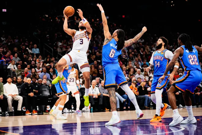 Feb 11, 2026; Phoenix, Arizona, USA; Phoenix Suns guard/forward Dillon Brooks (3) goes up for a shot during the first half of the game at Mortgage Matchup Center. Mandatory Credit: Arianna Grainey-Imagn Images