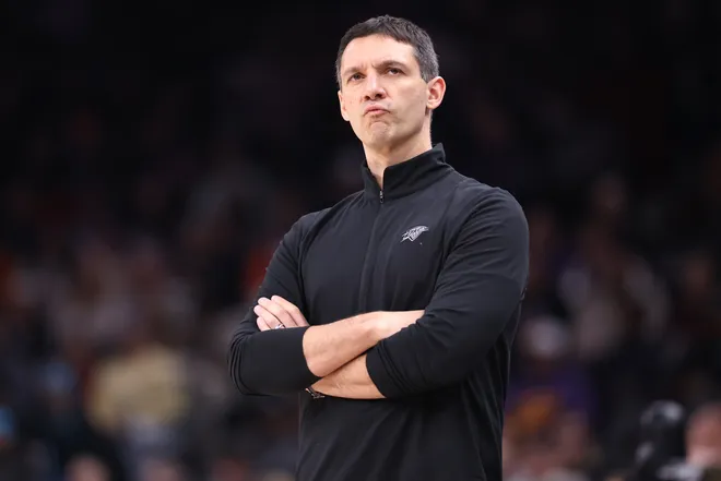 PHOENIX, ARIZONA - FEBRUARY 11: Head coach Mark Daigneault of the Oklahoma City Thunder watches the action against the Phoenix Suns during the first half at Mortgage Matchup Center on February 11, 2026 in Phoenix, Arizona. NOTE TO USER: User expressly acknowledges and agrees that, by downloading and or using this photograph, User is consenting to the terms and conditions of the Getty Images License Agreement. (Photo by Chris Coduto/Getty Images)