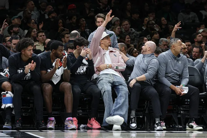Feb 9, 2026; Brooklyn, New York, USA; Brooklyn Nets forward Michael Porter Jr. (17) reacts while on the bech during the first half against the Chicago Bulls at Barclays Center.