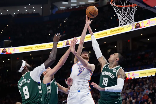 Feb 12, 2026; Oklahoma City, Oklahoma, USA; Oklahoma City Thunder center/forward Chet Holmgren (7) shoots against the Milwaukee Bucks during the second half at Paycom Center. Mandatory Credit: Alonzo Adams-Imagn Images