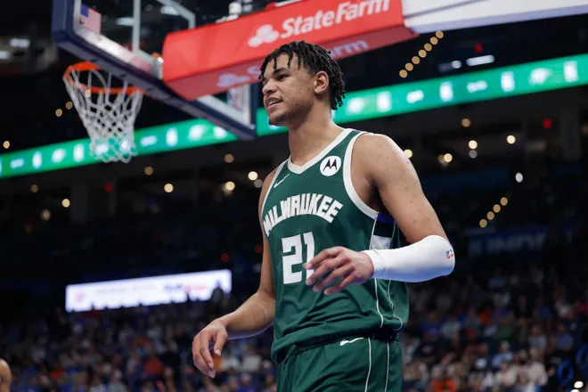 Feb 12, 2026; Oklahoma City, Oklahoma, USA; Milwaukee Bucks forward Ousmane Dieng (21) smiles after a play against the Oklahoma City Thunder during the second half at Paycom Center. Mandatory Credit: Alonzo Adams-Imagn Images