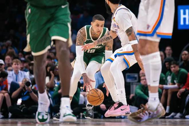 OKLAHOMA CITY, OKLAHOMA - FEBRUARY 12: Kyle Kuzma #18 of the Milwaukee Bucks brings the ball up court during the second half against the Oklahoma City Thunder at Paycom Center on February 12, 2026 in Oklahoma City, Oklahoma. NOTE TO USER: User expressly acknowledges and agrees that, by downloading and or using this photograph, User is consenting to the terms and conditions of the Getty Images License Agreement. (Photo by William Purnell/Getty Images)