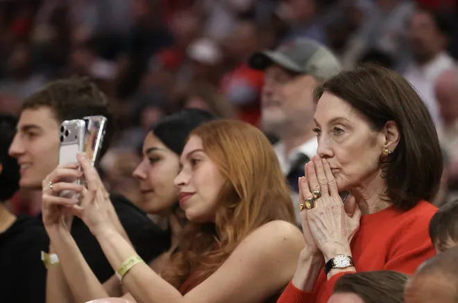 Feb 11, 2026; Houston, Texas, USA; Fans react as Houston Rockets center Alperen Sengun (28) (not pictured) shoots a free throw to tie the game against the Los Angeles Clippers in the fourth quarter at Toyota Center.
