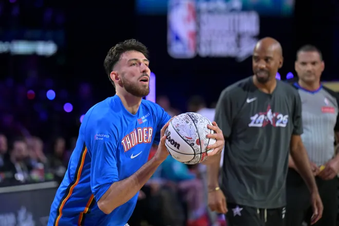 Feb 14, 2026; Los Angeles, CA, USA; Team All-Star center Chet Holmgren (7) of the Oklahoma City Thunder competes in the shooting stars competition during the 2026 NBA All Star Saturday Night at Intuit Dome. Mandatory Credit: Jayne Kamin-Oncea-Imagn Images