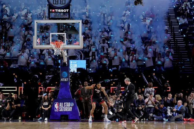 INGLEWOOD, CALIFORNIA - FEBRUARY 14: Keshad Johnson #16 of the Miami Heat dances after a dunk during the AT&T Slam Dunk Contest during 2026 NBA All-Star Weekend at Intuit Dome on February 14, 2026 in Inglewood, California. NOTE TO USER: User expressly acknowledges and agrees that, by downloading and or using this photograph, User is consenting to the terms and conditions of the GettyImages License Agreement. (Photo by Ryan Sirius Sun/Getty Images)