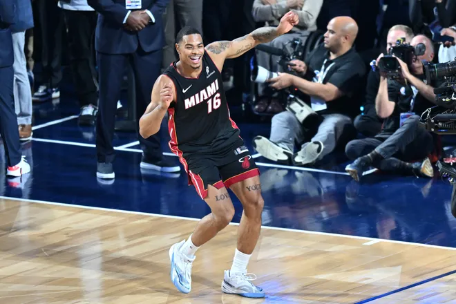 Feb 14, 2026; Los Angeles, CA, USA; Miami Heat forward Keshad Johnson (16) reacts in the slam dunk competition during the 2026 NBA All Star Saturday Night at Intuit Dome. Mandatory Credit: William Liang-Imagn Images