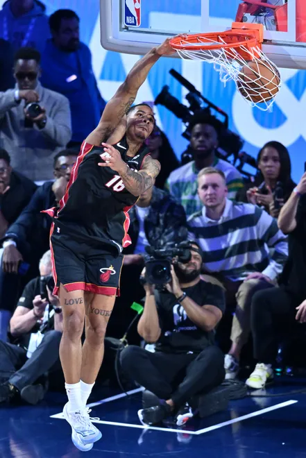Feb 14, 2026; Los Angeles, CA, USA; Miami Heat forward Keshad Johnson (16) competes in the slam dunk competition during the 2026 NBA All Star Saturday Night at Intuit Dome. Mandatory Credit: William Liang-Imagn Images