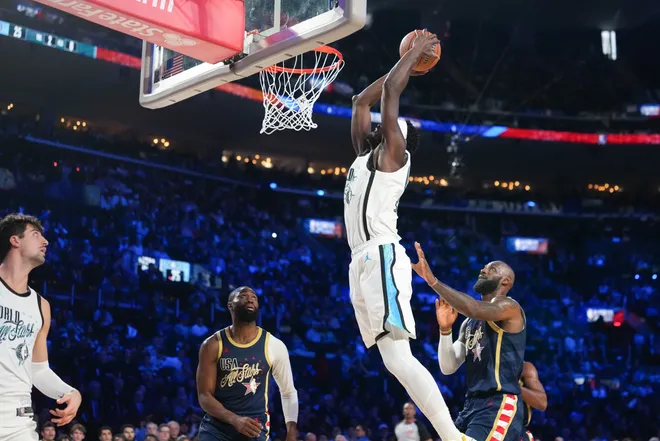 Feb 15, 2026; Inglewood, California, USA; Team World forward Pascal Siakam (43) of the Indiana Pacers dunks the ball in game three against Team Stripes during the 75th NBA All Star Game at Intuit Dome. Mandatory Credit: Kirby Lee-Imagn Images