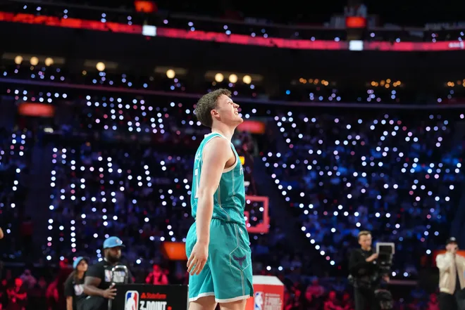 Feb 14, 2026; Los Angeles, CA, USA; Charlotte Hornets forward Kon Knueppel (7) competes in the three point contest during the 2026 NBA All Star Saturday Night at Intuit Dome. Mandatory Credit: Kirby Lee-Imagn Images