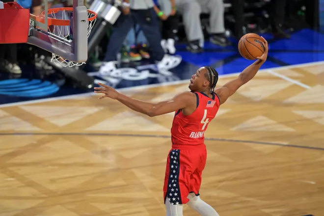 Feb 15, 2026; Inglewood, California, USA; Team USA Stars forward Scottie Barnes (4) of the Toronto Raptors shoots in the championship game during the 75th NBA All Star Game at Intuit Dome. Mandatory Credit: Jayne Kamin-Oncea-Imagn Images
