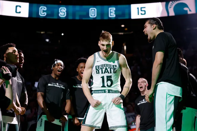 EAST LANSING, MICHIGAN - FEBRUARY 17: Carson Cooper #15 of the Michigan State Spartans is introduced before a game against the UCLA Bruins at Breslin Center on February 17, 2026 in East Lansing, Michigan. (Photo by Rey Del Rio/Getty Images)