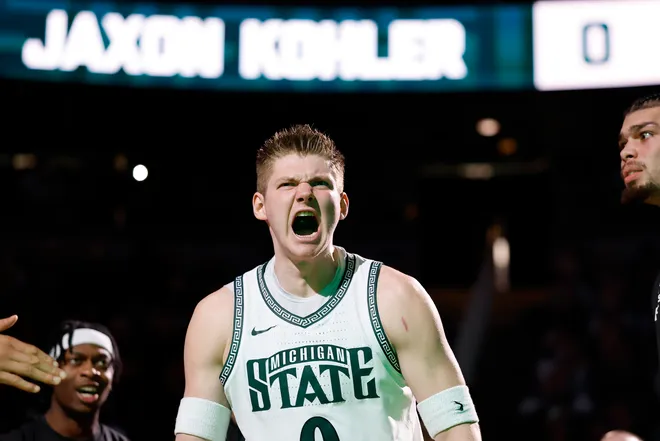EAST LANSING, MICHIGAN - FEBRUARY 17: Jaxon Kohler #0 of the Michigan State Spartans is introduced before a game against the UCLA Bruins at Breslin Center on February 17, 2026 in East Lansing, Michigan. (Photo by Rey Del Rio/Getty Images)