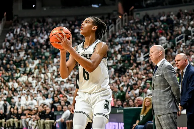Michigan State's Jordan Scott makes a 3-pointer against UCLA during the first half on Tuesday, Feb. 17, 2026, at the Breslin Center in East Lansing.