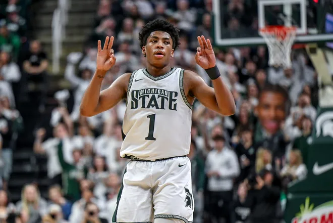 Michigan State's Jeremy Fears Jr. celebrates after making a 3-pointer against UCLA during the first half on Tuesday, Feb. 17, 2026, at the Breslin Center in East Lansing.