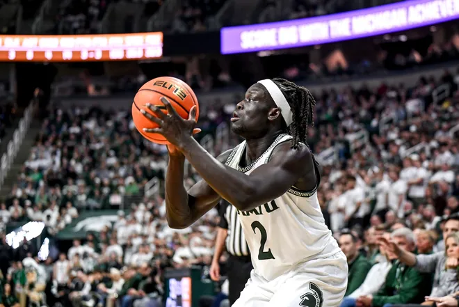 Michigan State's Kur Teng makes a 3-pointer against UCLA during the second half on Tuesday, Feb. 17, 2026, at the Breslin Center in East Lansing.