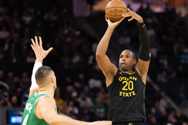 Feb 19, 2026; San Francisco, California, USA; Golden State Warriors center Al Horford (20) shoots over Boston Celtics center Nikola Vucevic (4) during the fourth quarter at Chase Center. Mandatory Credit: D. Ross Cameron-Imagn Images