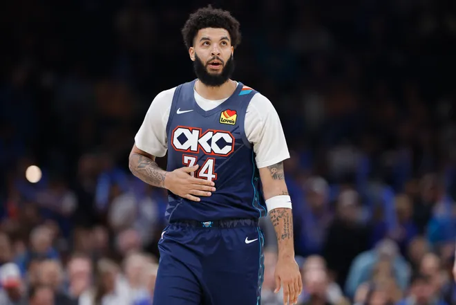 Feb 20, 2026; Oklahoma City, Oklahoma, USA; Oklahoma City Thunder guard/forward Kenrich Williams (34) walks down the court before a play against the Brooklyn Nets during the second half at Paycom Center. Mandatory Credit: Alonzo Adams-Imagn Images
