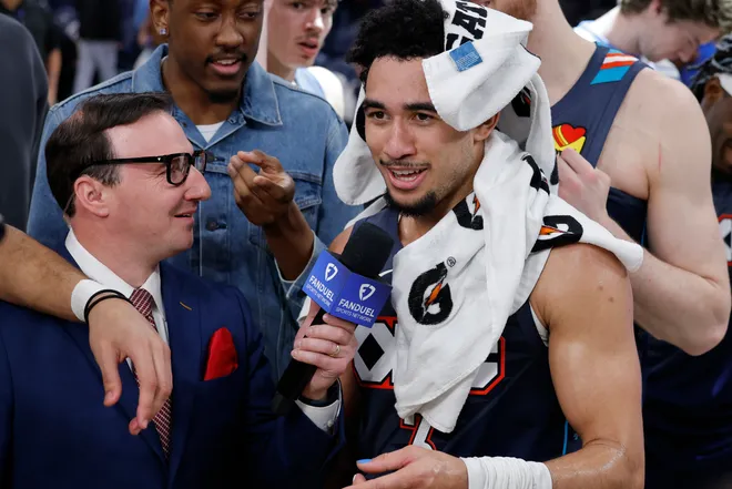 Feb 20, 2026; Oklahoma City, Oklahoma, USA; Oklahoma City Thunder guard Jared McCain talks to the media after a game against the Brooklyn Nets at Paycom Center. Mandatory Credit: Alonzo Adams-Imagn Images