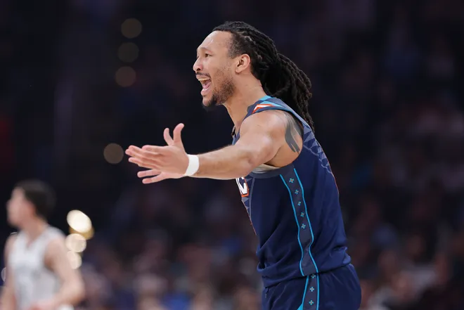 Feb 20, 2026; Oklahoma City, Oklahoma, USA; Oklahoma City Thunder forward Jaylin Williams (6) reacts after a play against the Brooklyn Nets during the first half at Paycom Center. Mandatory Credit: Alonzo Adams-Imagn Images