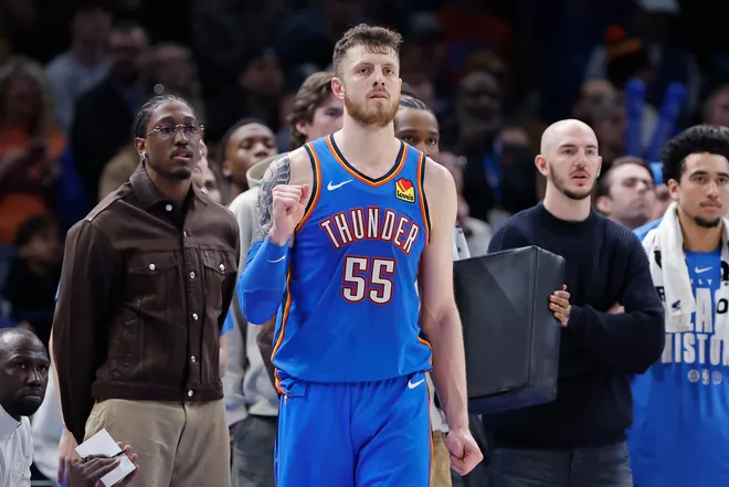Feb 22, 2026; Oklahoma City, Oklahoma, USA; Oklahoma City Thunder center/forward Isaiah Hartenstein (55) reacts after watching his team in a defensive play against the Cleveland Cavaliers during the second half at Paycom Center. Mandatory Credit: Alonzo Adams-Imagn Images