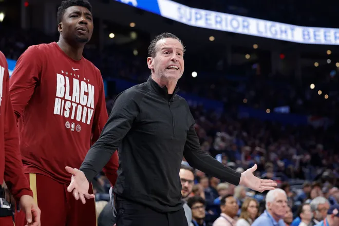 Feb 22, 2026; Oklahoma City, Oklahoma, USA; Cleveland Cavaliers head coach Kenny Atkinson reacts after a play against the Oklahoma City Thunder during the second half at Paycom Center. Mandatory Credit: Alonzo Adams-Imagn Images