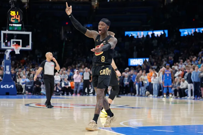 Feb 22, 2026; Oklahoma City, Oklahoma, USA; Cleveland Cavaliers guard Dennis Schroder (8) reacts after a foul against him during a play against the Oklahoma City Thunder during the second half at Paycom Center. Mandatory Credit: Alonzo Adams-Imagn Images