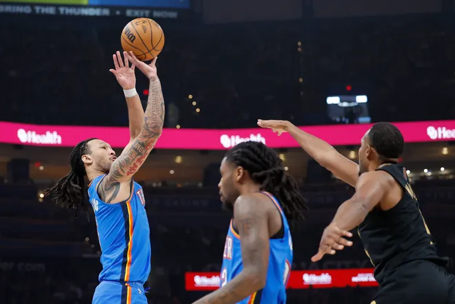 Feb 22, 2026; Oklahoma City, Oklahoma, USA; Oklahoma City Thunder forward Jaylin Williams (6) shoots a three point basket against the Cleveland Cavaliers during the first half at Paycom Center. Mandatory Credit: Alonzo Adams-Imagn Images