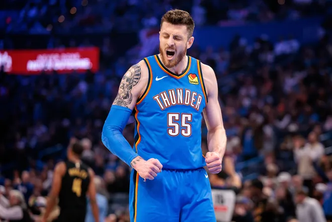 OKLAHOMA CITY, OKLAHOMA - FEBRUARY 22: Isaiah Hartenstein #55 of the Oklahoma City Thunder reacts to play during the first half against the Cleveland Cavaliers at Paycom Center on February 22, 2026 in Oklahoma City, Oklahoma. NOTE TO USER: User expressly acknowledges and agrees that, by downloading and or using this photograph, User is consenting to the terms and conditions of the Getty Images License Agreement. (Photo by William Purnell/Getty Images)