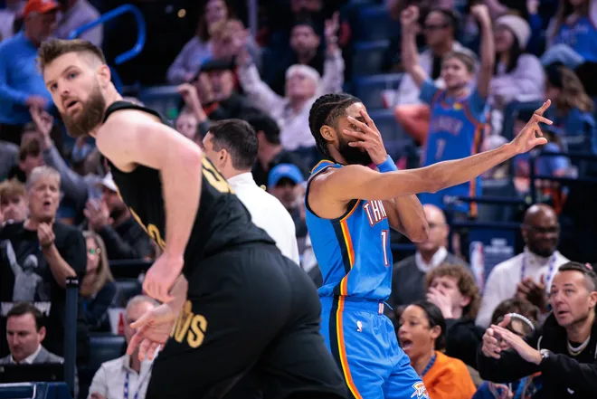 OKLAHOMA CITY, OKLAHOMA - FEBRUARY 22: Isaiah Joe #11 of the Oklahoma City Thunder signals to the bench after a three point shot during the second half against the Cleveland Cavaliers at Paycom Center on February 22, 2026 in Oklahoma City, Oklahoma. NOTE TO USER: User expressly acknowledges and agrees that, by downloading and or using this photograph, User is consenting to the terms and conditions of the Getty Images License Agreement. (Photo by William Purnell/Getty Images)