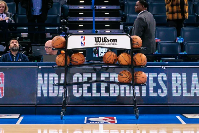 OKLAHOMA CITY, OKLAHOMA - FEBRUARY 22: A view of practice balls courtside prior to the game between the Oklahoma City Thunder and the Cleveland Cavaliers at Paycom Center on February 22, 2026 in Oklahoma City, Oklahoma. NOTE TO USER: User expressly acknowledges and agrees that, by downloading and or using this photograph, User is consenting to the terms and conditions of the Getty Images License Agreement. (Photo by William Purnell/Getty Images)