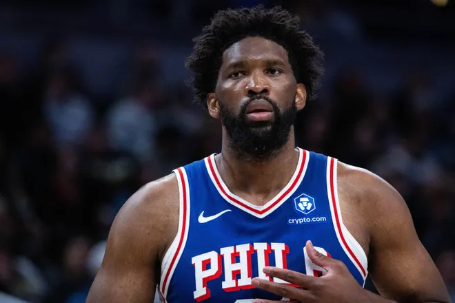 Feb 24, 2026; Indianapolis, Indiana, USA; Philadelphia 76ers center/forward Joel Embiid (21) in the first half against the Indiana Pacers at Gainbridge Fieldhouse. Mandatory Credit: Trevor Ruszkowski-Imagn Images