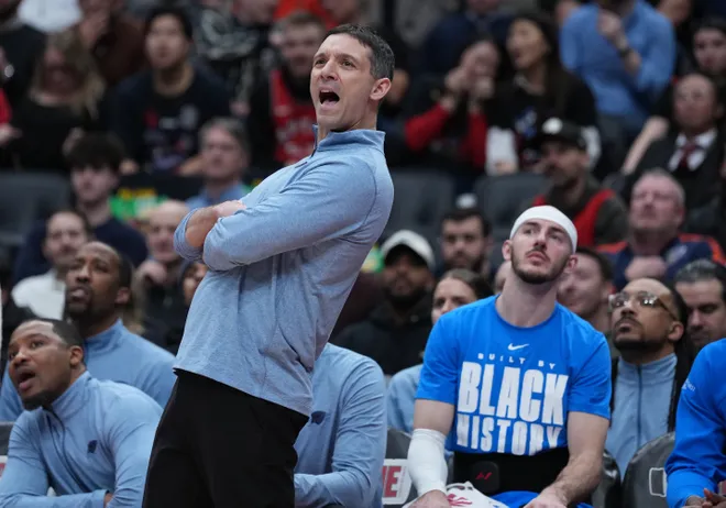 Feb 24, 2026; Toronto, Ontario, CAN; Oklahoma City Thunder head coach Mark Daigneault watches play against the Toronto Raptors during the fourth quarter at Scotiabank Arena. Mandatory Credit: Nick Turchiaro-Imagn Images
