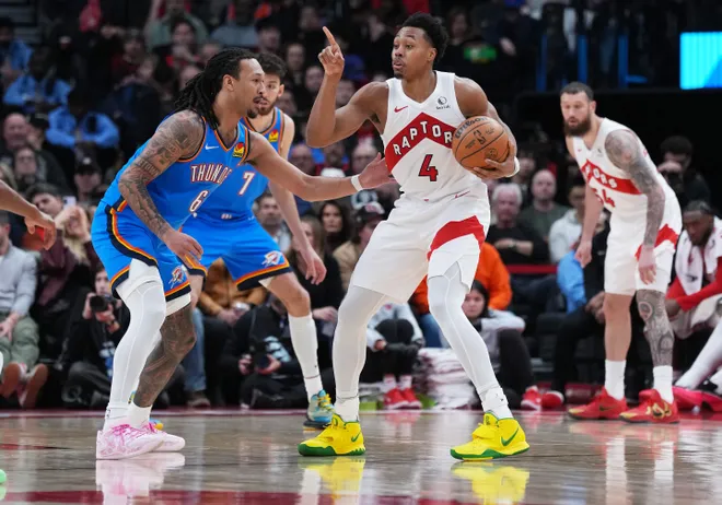 Feb 24, 2026; Toronto, Ontario, CAN; Toronto Raptors forward Scottie Barnes (4) controls the ball against Oklahoma City Thunder forward Jaylin Williams (6) during the third quarter at Scotiabank Arena. Mandatory Credit: Nick Turchiaro-Imagn Images