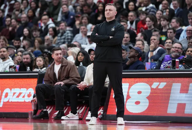 Feb 24, 2026; Toronto, Ontario, CAN; Toronto Raptors head coach Darko Rajakovic watches play against the Oklahoma City Thunder during the fourth quarter at Scotiabank Arena. Mandatory Credit: Nick Turchiaro-Imagn Images