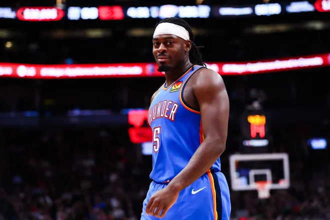TORONTO, CANADA - FEBRUARY 24: Luguentz Dort #5 of the Oklahoma City Thunder looks on during the second half of their NBA game against the Toronto Raptors at Scotiabank Arena on February 24, 2026 in Toronto, Ontario, Canada. NOTE TO USER: User expressly acknowledges and agrees that, by downloading and or using this photograph, User is consenting to the terms and conditions of the Getty Images License Agreement. (Photo by Cole Burston/Getty Images)