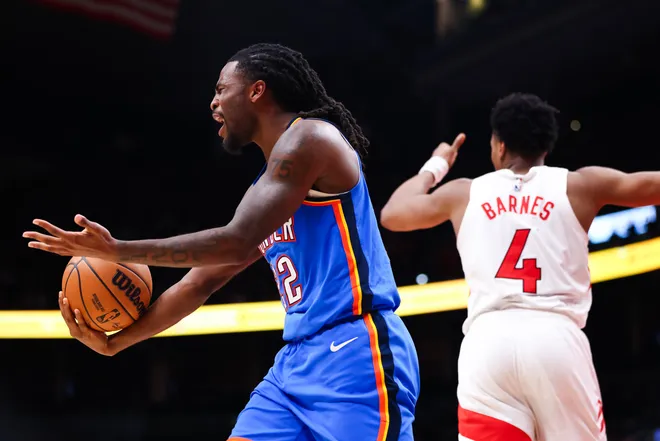 TORONTO, CANADA - FEBRUARY 24: Cason Wallace #22 of the Oklahoma City Thunder reacts to a jump ball call during the second half of their NBA game against the Toronto Raptors at Scotiabank Arena on February 24, 2026 in Toronto, Ontario, Canada. NOTE TO USER: User expressly acknowledges and agrees that, by downloading and or using this photograph, User is consenting to the terms and conditions of the Getty Images License Agreement. (Photo by Cole Burston/Getty Images)