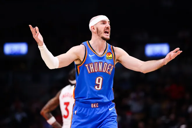 TORONTO, CANADA - FEBRUARY 24: Alex Caruso #9 of the Oklahoma City Thunder reacts during the second half of their NBA game against the Toronto Raptors at Scotiabank Arena on February 24, 2026 in Toronto, Ontario, Canada. NOTE TO USER: User expressly acknowledges and agrees that, by downloading and or using this photograph, User is consenting to the terms and conditions of the Getty Images License Agreement. (Photo by Cole Burston/Getty Images)