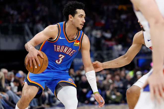 Feb 25, 2026; Detroit, Michigan, USA; Oklahoma City Thunder guard Jared McCain (3) dribbles in the second half against the Detroit Pistons at Little Caesars Arena. Mandatory Credit: Rick Osentoski-Imagn Images