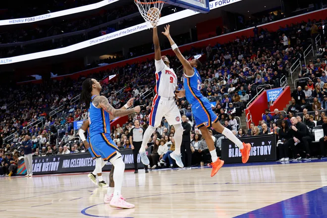 Feb 25, 2026; Detroit, Michigan, USA; Detroit Pistons guard Ausar Thompson (9) shoots in the first half against the Oklahoma City Thunder at Little Caesars Arena. Mandatory Credit: Rick Osentoski-Imagn Images