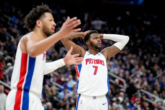 DETROIT, MICHIGAN - FEBRUARY 25: Cade Cunningham #2 and Paul Reed #7 of the Detroit Pistons reacts against the Oklahoma City Thunder during the second quarter at Little Caesars Arena on February 25, 2026 in Detroit, Michigan. NOTE TO USER: User expressly acknowledges and agrees that, by downloading and or using this photograph, User is consenting to the terms and conditions of the Getty Images License Agreement. (Photo by Nic Antaya/Getty Images)