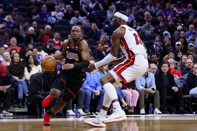 PHILADELPHIA, PENNSYLVANIA - FEBRUARY 26: Tyrese Maxey #0 of the Philadelphia 76ers drives to the basket against Bam Adebayo #13 of Miami Heat during the first quarter at Xfinity Mobile Arena on February 26, 2026 in Philadelphia, Pennsylvania. NOTE TO USER: User expressly acknowledges and agrees that, by downloading and or using this photograph, User is consenting to the terms and conditions of the Getty Images License Agreement. (Photo by Isaiah Vazquez/Getty Images)