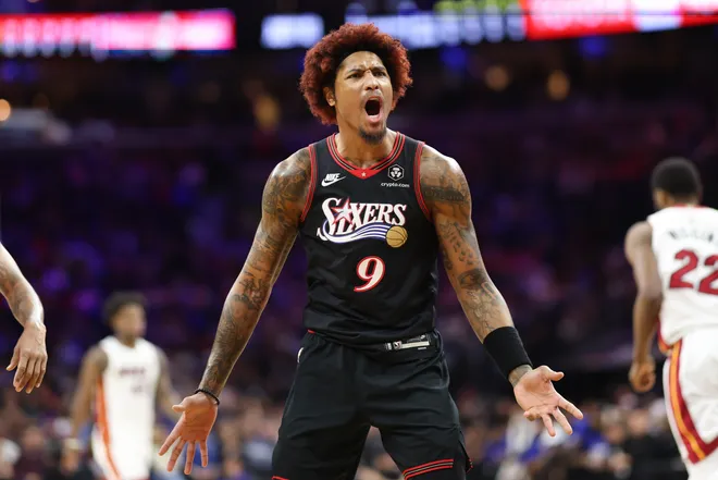 Feb 26, 2026; Philadelphia, Pennsylvania, USA; Philadelphia 76ers guard Kelly Oubre Jr. (9) reacts after a Miami Heat score during the second quarter at Xfinity Mobile Arena. Mandatory Credit: Bill Streicher-Imagn Images