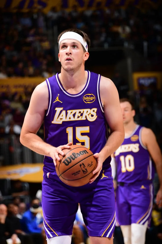 Austin Reaves #15 of the Los Angeles Lakers shoots a free throw during the game against the Dallas Mavericks on February 12, 2026 at Crypto.Com Arena in Los Angeles, California. NBAE via Getty Images