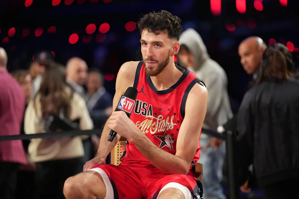 Feb 15, 2026; Inglewood, California, USA; Team USA Stars center Chet Holmgren (7) of the Oklahoma City Thunder speaks with media after the 75th NBA All Star Game at Intuit Dome. Mandatory Credit: Kirby Lee-Imagn Images