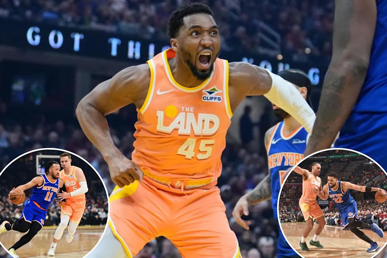 An image collage containing 3 images, Image 1 shows Donovan Mitchell reacting after a dunk in an NBA game, Image 2 shows Jalen Brunson of the New York Knicks drives to the basket against Sam Merrill of the Cleveland Cavaliers, Image 3 shows Karl-Anthony Towns dribbles the basketball while being guarded by a Cleveland Cavaliers player during an NBA game