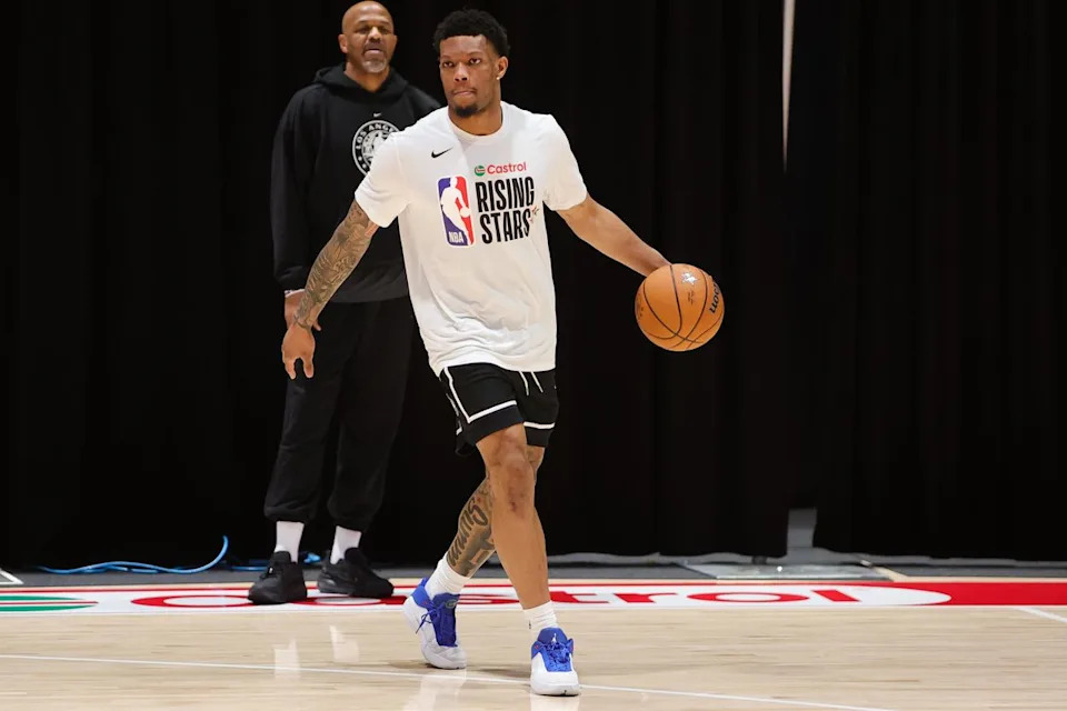 Raptors 905 guard Alijah Martin (55) participates in drills during NBA Rising Stars practice on February 13, 2026 in Inglewood, CA.