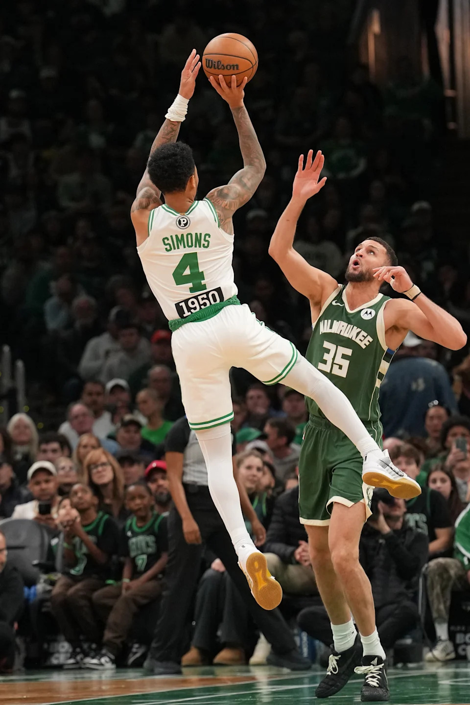 BOSTON, MA – FEBRUARY 1: Anfernee Simons #4 of the Boston Celtics shoots the ball during the game against the Milwaukee Bucks during the 2026 NBA Pioneers Classic on February 1, 2026 at TD Garden in Boston, Massachusetts. NOTE TO USER: User expressly acknowledges and agrees that, by downloading and/or using this Photograph, user is consenting to the terms and conditions of the Getty Images License Agreement. Mandatory Copyright Notice: Copyright 2026 NBAE (Photo by Jesse D. Garrabrant/NBAE via Getty Images) | NBAE via Getty Images
