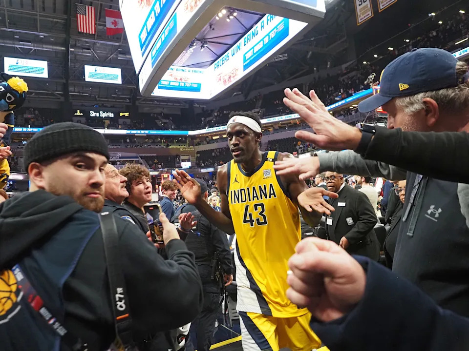 INDIANAPOLIS, IN – JANUARY 26: Pascal Siakam #43 of the Indiana Pacers high fives fans after the game against the Phoenix Suns on January 26, 2024 at Gainbridge Fieldhouse in Indianapolis, Indiana. NOTE TO USER: User expressly acknowledges and agrees that, by downloading and or using this Photograph, user is consenting to the terms and conditions of the Getty Images License Agreement. Mandatory Copyright Notice: Copyright 2024 NBAE (Photo by Ron Hoskins/NBAE via Getty Images) | NBAE via Getty Images